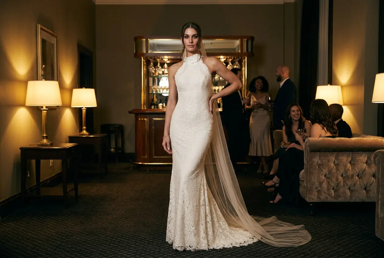 Bride in the Maggie Sottero Anya lace halter sheath wedding dress at a late-night wedding after-party in a hotel lounge