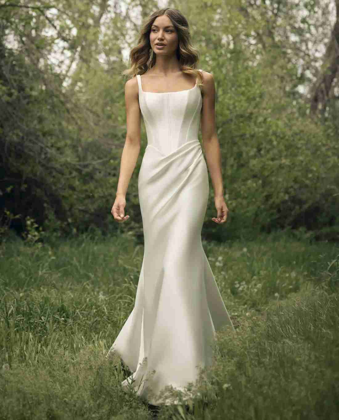 Rebecca Ingram Pamela satin wedding dress with a sculpted Basque-waist bodice