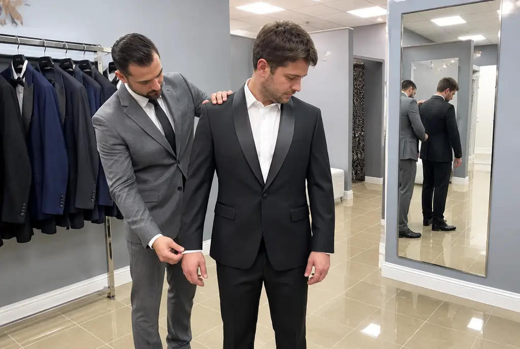 Groom trying on a black tuxedo jacket while a stylist checks the fit