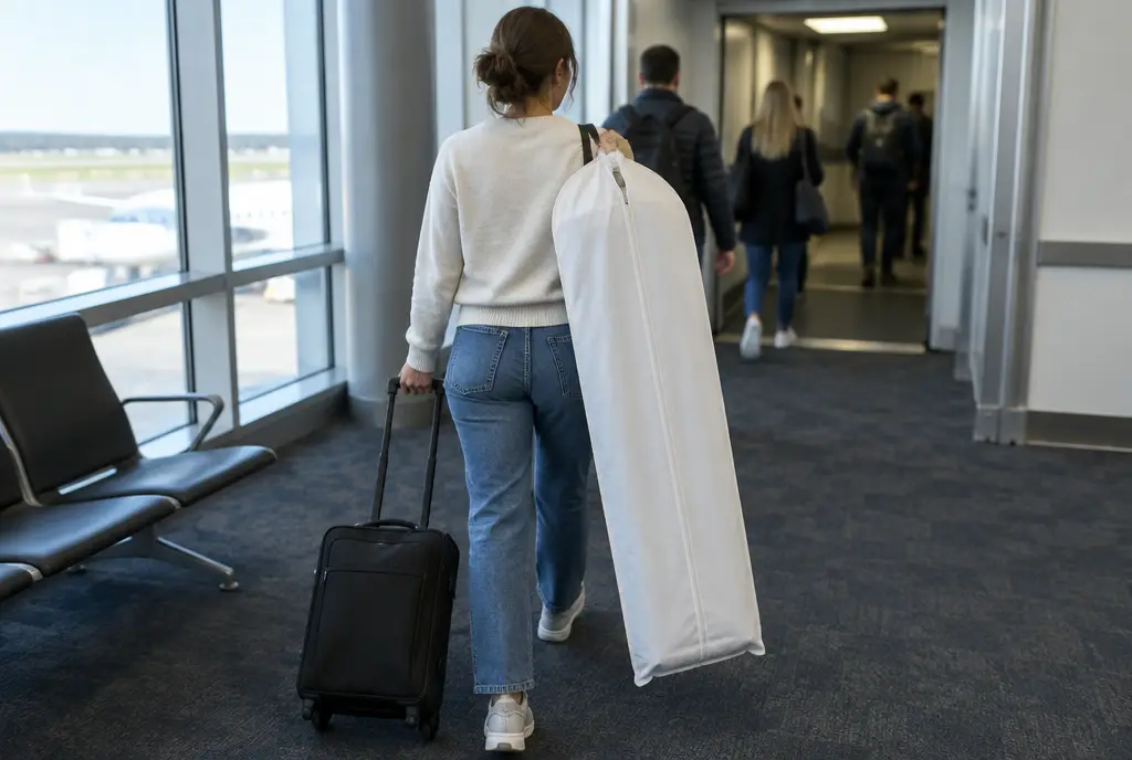 Wedding Dress Travel Tips 1 Bride carrying a zipped white garment bag and a carry-on through an airport gate